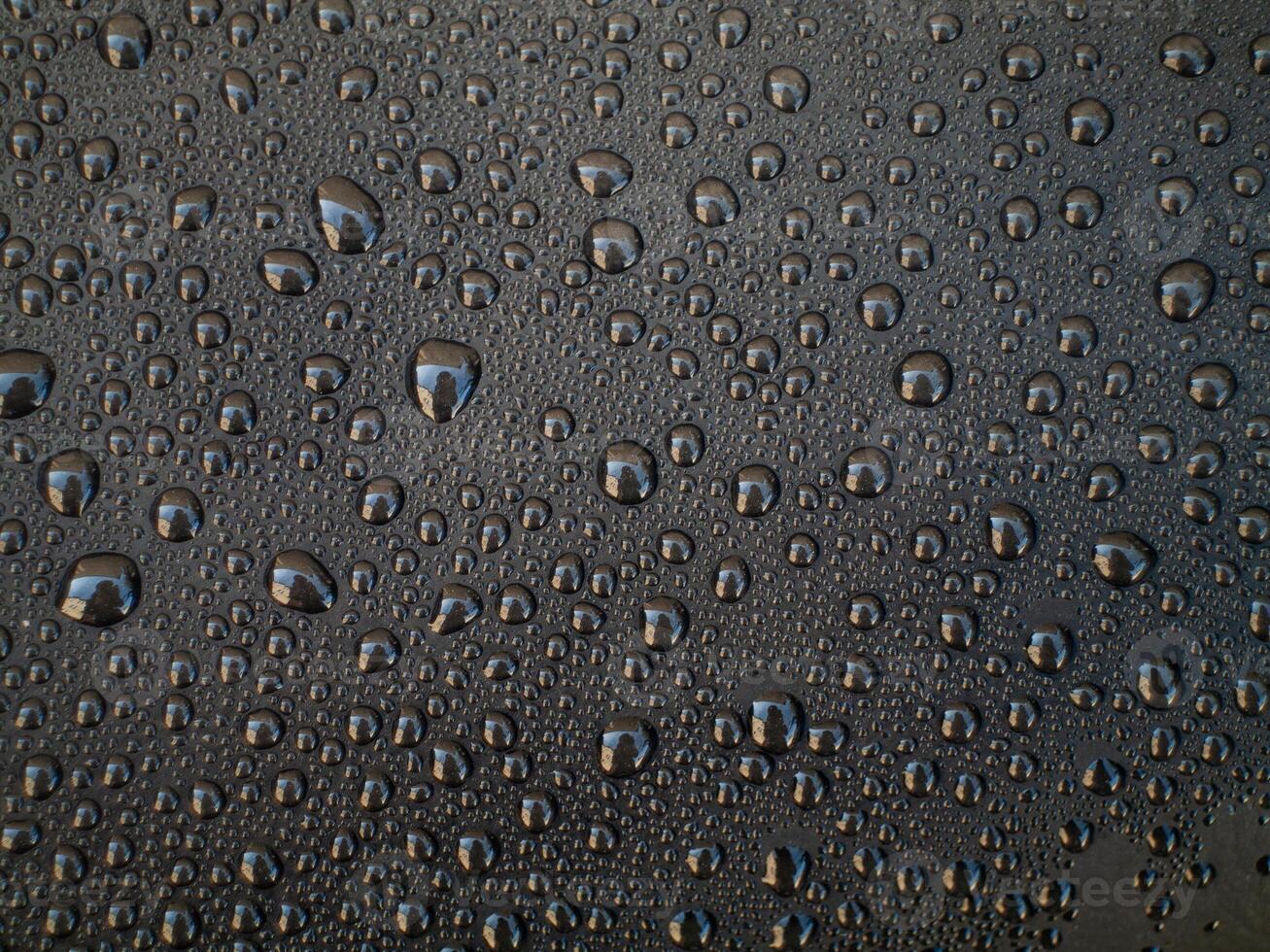 A close up of a black surface with many small drops of water photo