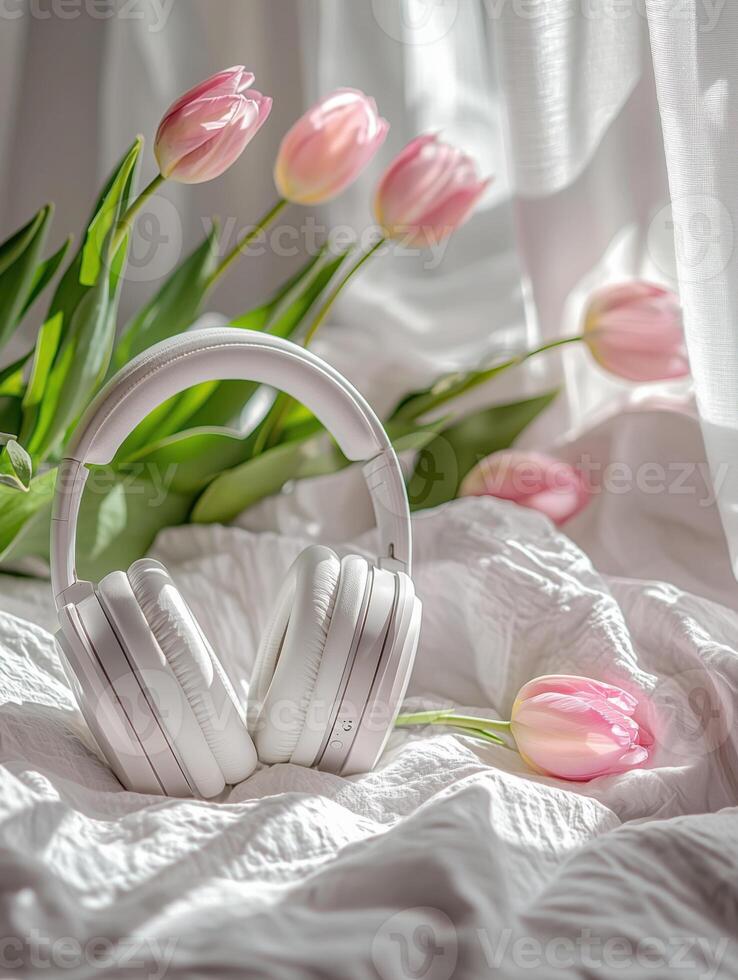 A pair of white headphones sits on a bed next to a bouquet of pink tulips photo