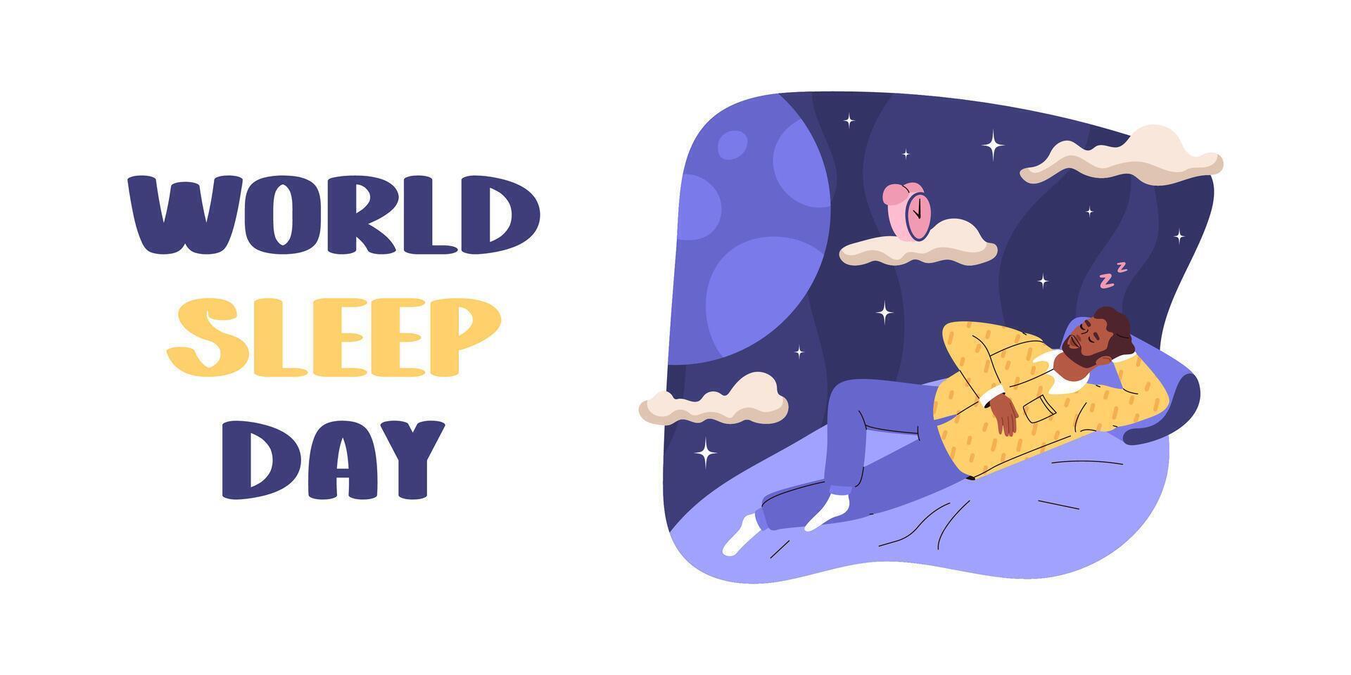 World sleep day. Adult man sleeps with his arm behind his head. Alarm clock floats in clouds above sleeping man. Concept of healthy sleep, dreams. flat illustration. vector