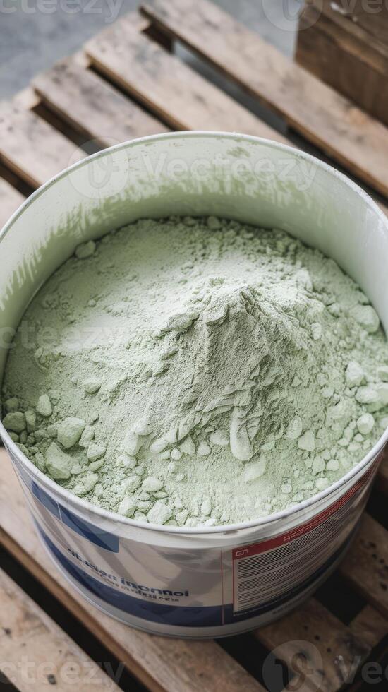 A bucket of green powder sitting on top of a wooden pallet photo