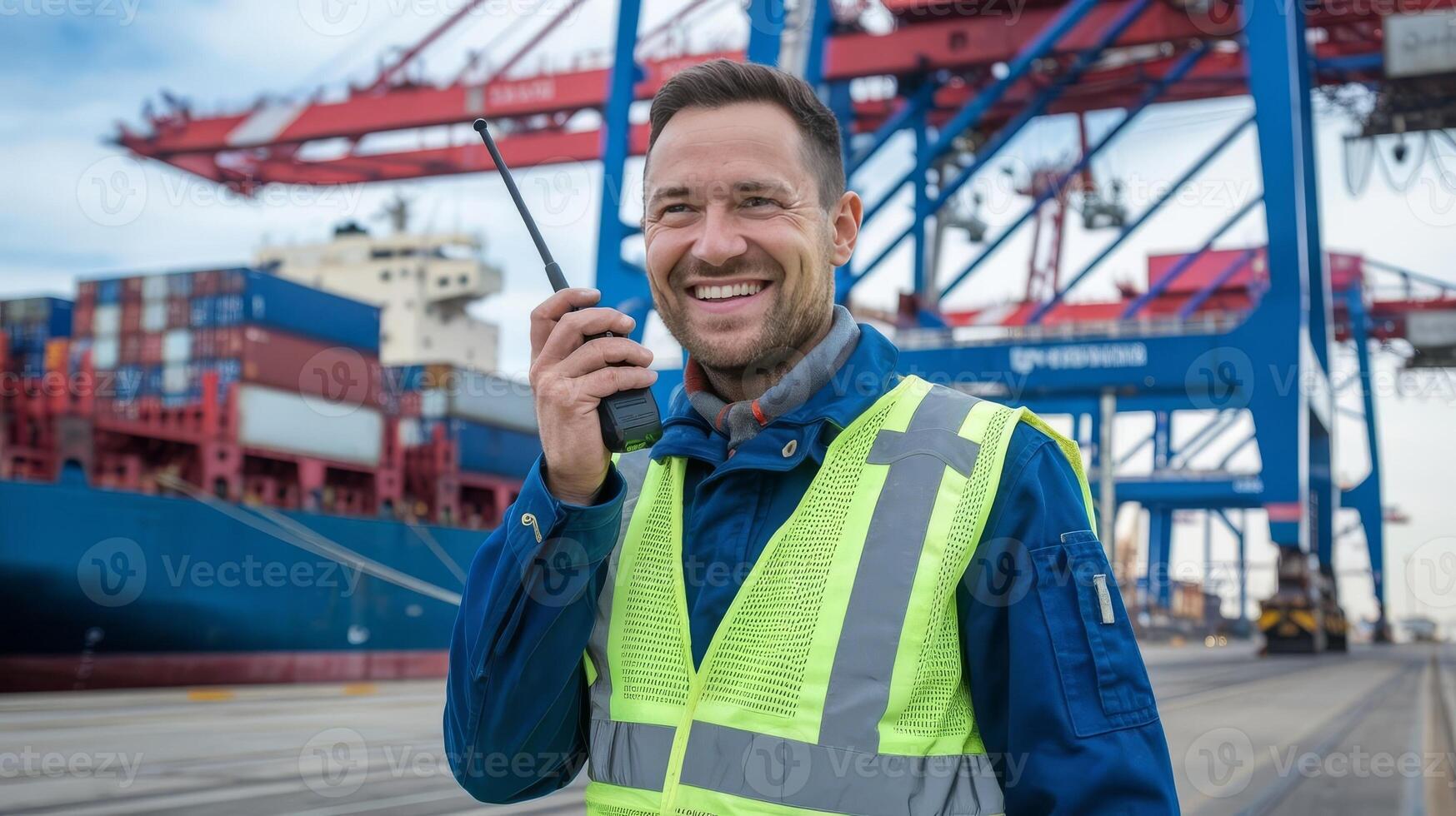 A smiling man in a safety vest talking on a cell phone photo