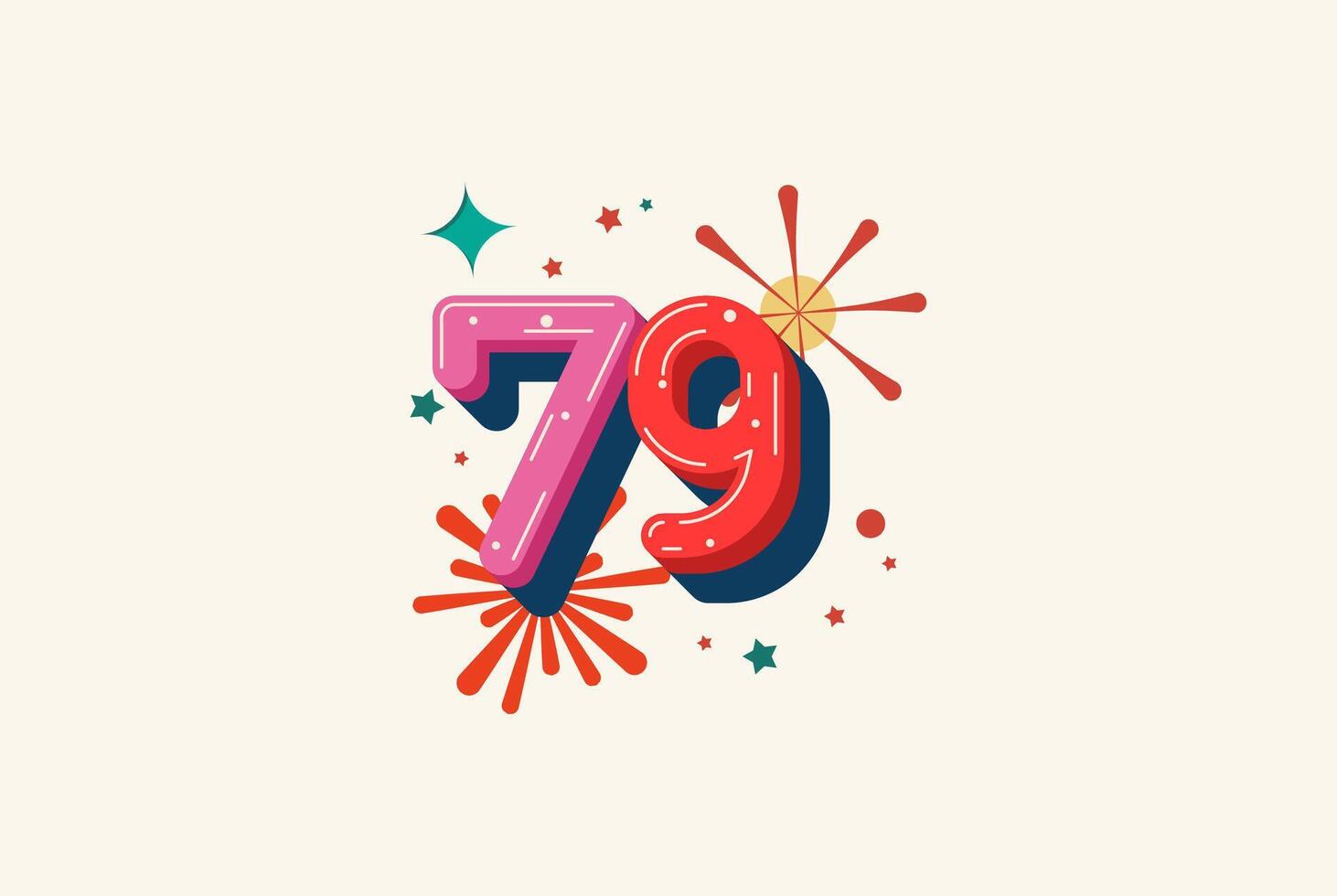 Logo Number Colorful 79th, 79th Happy Birthday or Anniversary with fireworks concept. Happiness and funny design concept. vector