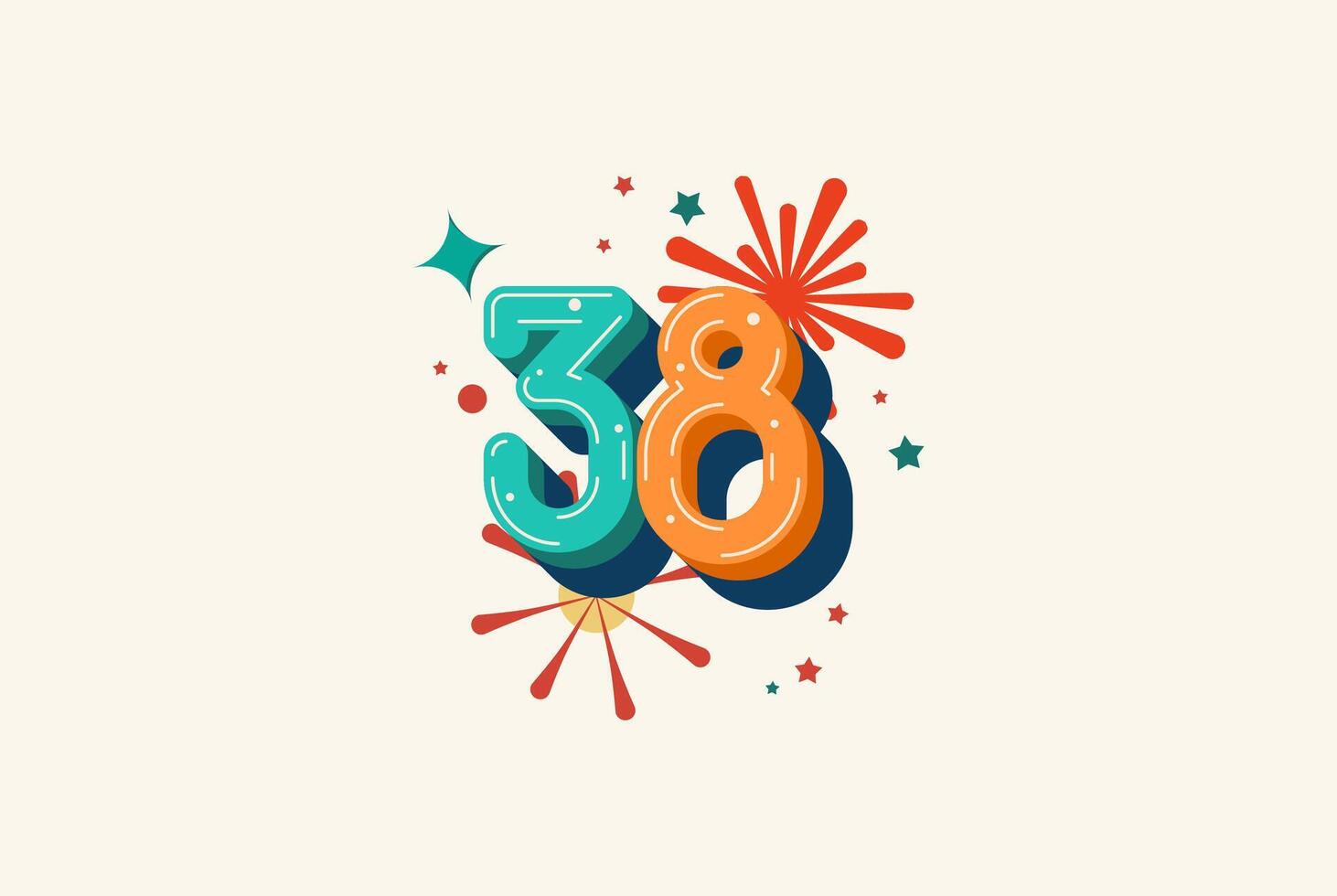 Logo Number Colorful 38th, 38th Happy Birthday or Anniversary with fireworks concept. Happiness and funny design concept. vector