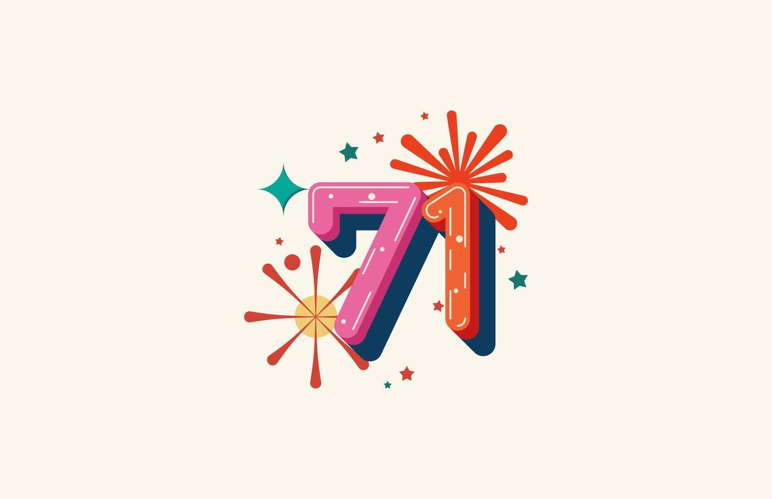 Logo Number Colorful 71th, 71th Happy Birthday or Anniversary with fireworks concept. Happiness and funny design concept. vector