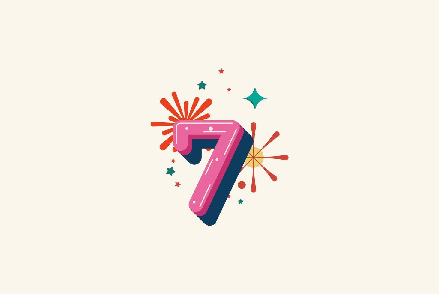 Logo Number Colorful 7th, 7th Happy Birthday or Anniversary with fireworks concept. Happiness and funny design concept. vector