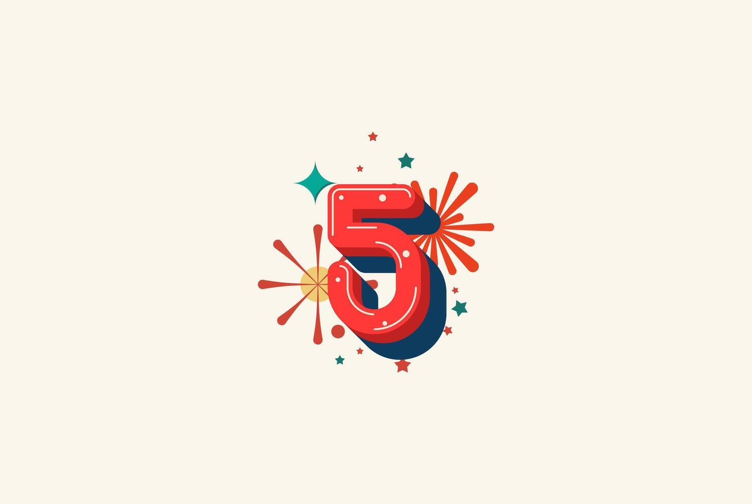 Logo Number Colorful 5th, 5th Happy Birthday or Anniversary with fireworks concept. Happiness and funny design concept. vector