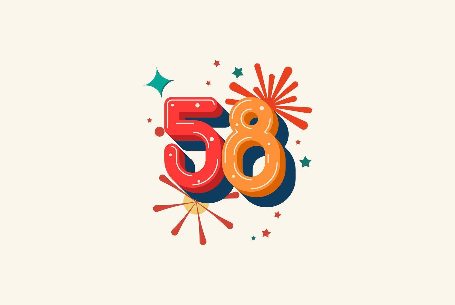 Logo Number Colorful 58th, 58th Happy Birthday or Anniversary with fireworks concept. Happiness and funny design concept. vector