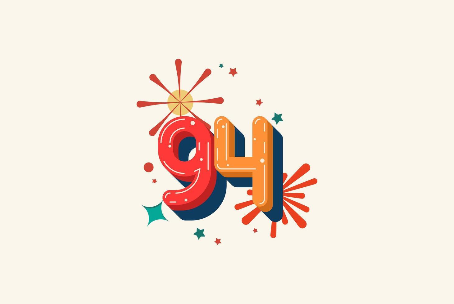 Logo Number Colorful 94th, 94th Happy Birthday or Anniversary with fireworks concept. Happiness and funny design concept. vector