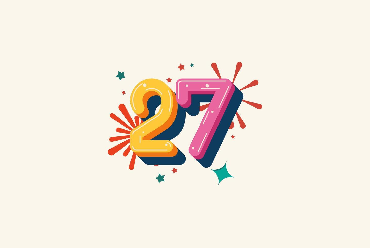 Logo Number Colorful 27th, 27th Happy Birthday or Anniversary with fireworks concept. Happiness and funny design concept. vector