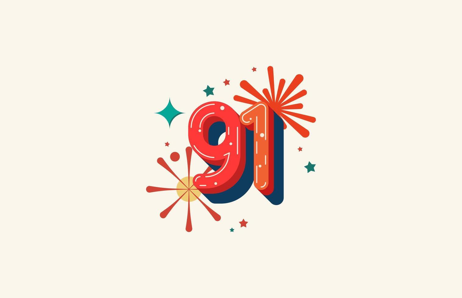Logo Number Colorful 91th, 91th Happy Birthday or Anniversary with fireworks concept. Happiness and funny design concept. vector