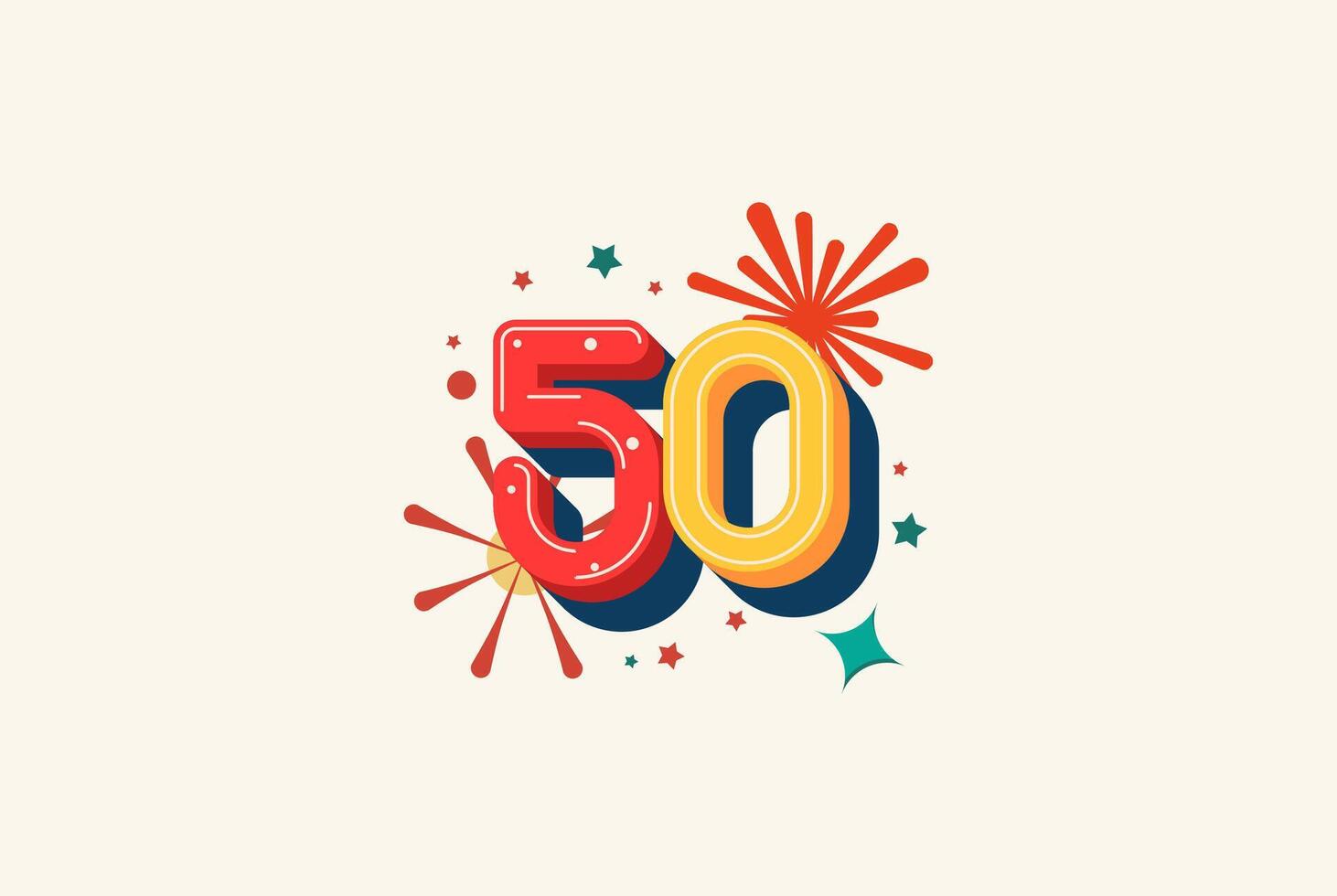 Logo Number Colorful 50th, 50th Happy Birthday or Anniversary with fireworks concept. Happiness and funny design concept. vector