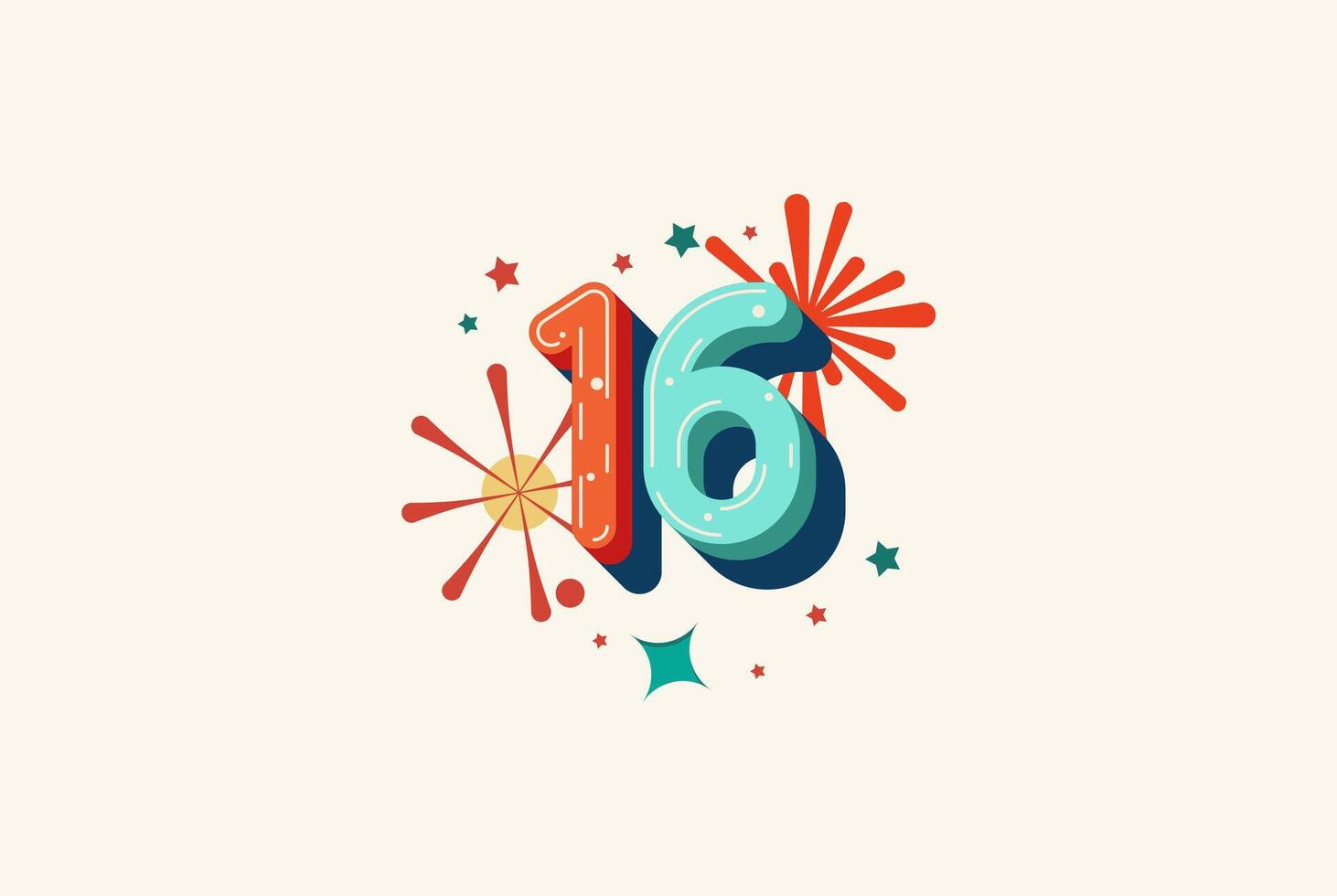 Logo Number Colorful 16th, 16th Happy Birthday or Anniversary with fireworks concept. Happiness and funny design concept. vector