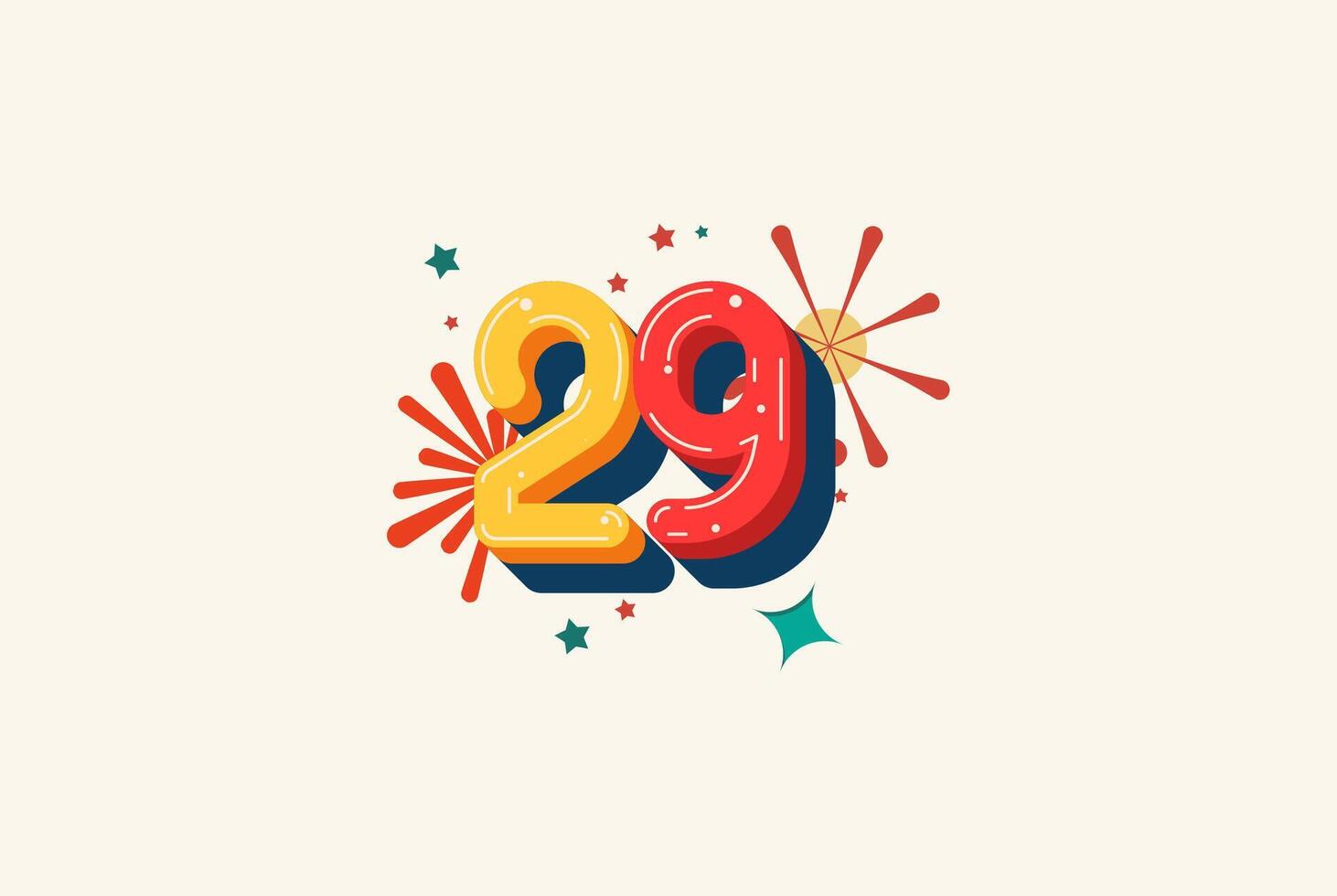 Logo Number Colorful 29th, 29th Happy Birthday or Anniversary with fireworks concept. Happiness and funny design concept. vector