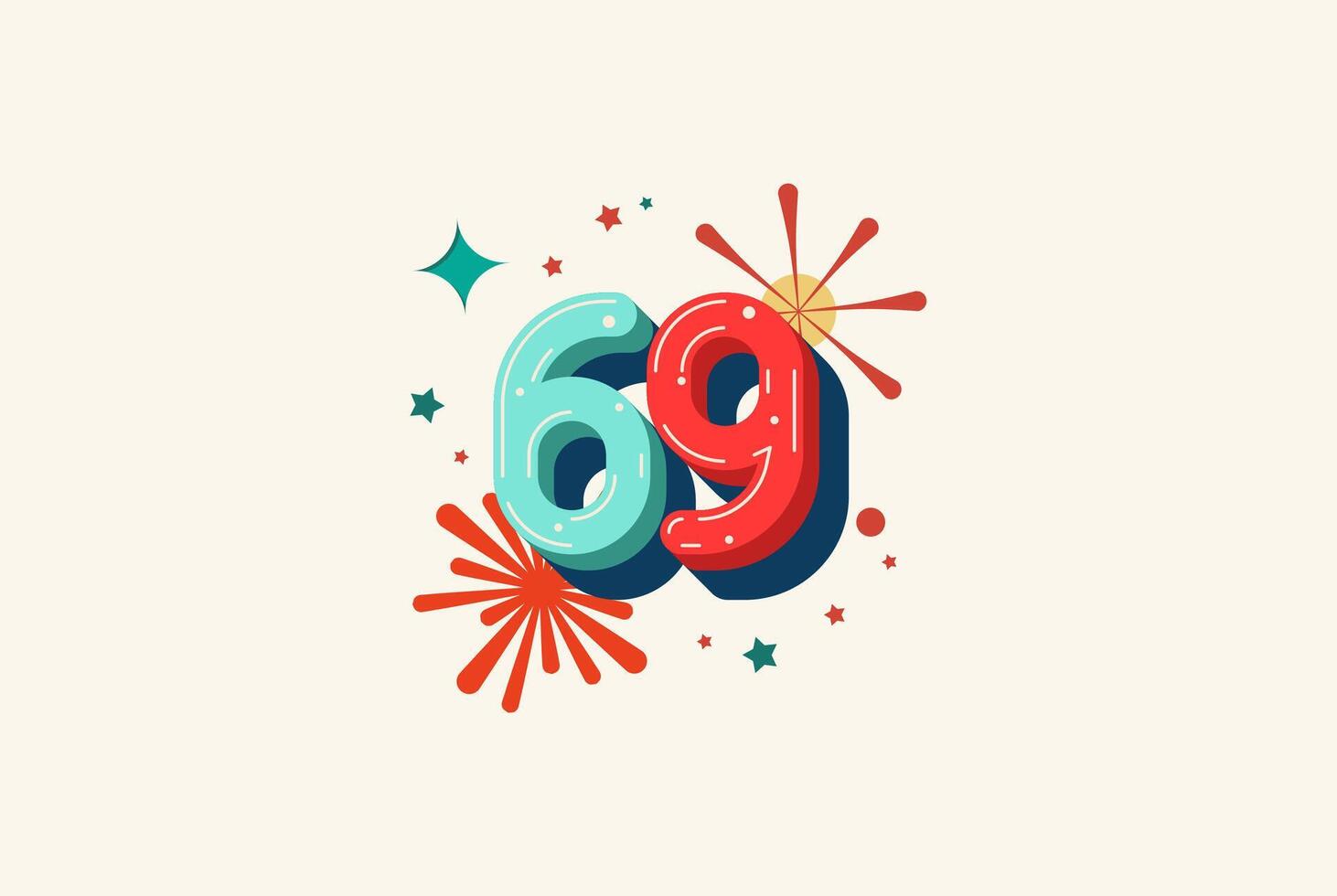 Logo Number Colorful 69th, 69th Happy Birthday or Anniversary with fireworks concept. Happiness and funny design concept. vector