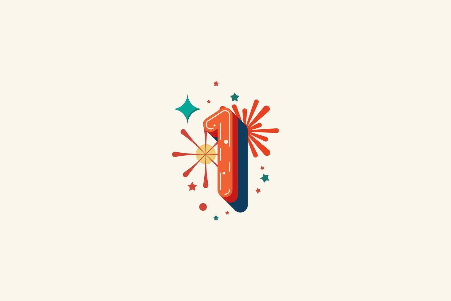 Logo Number Colorful 1st, 1st Happy Birthday or Anniversary with fireworks concept. Happiness and funny design concept. vector