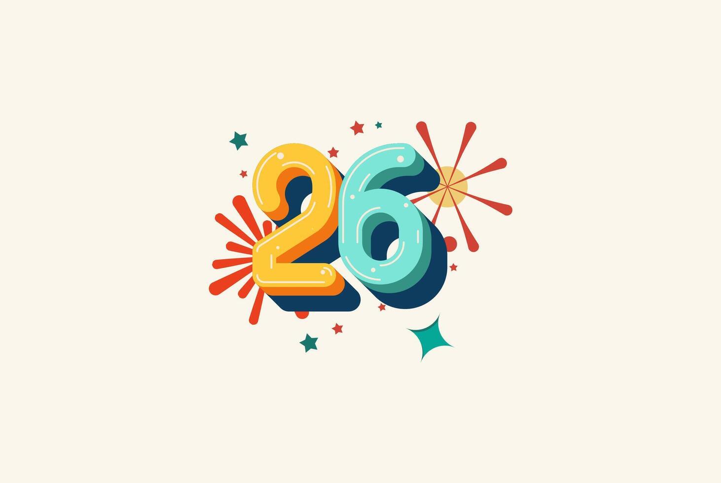 Logo Number Colorful 26th, 26th Happy Birthday or Anniversary with fireworks concept. Happiness and funny design concept. vector