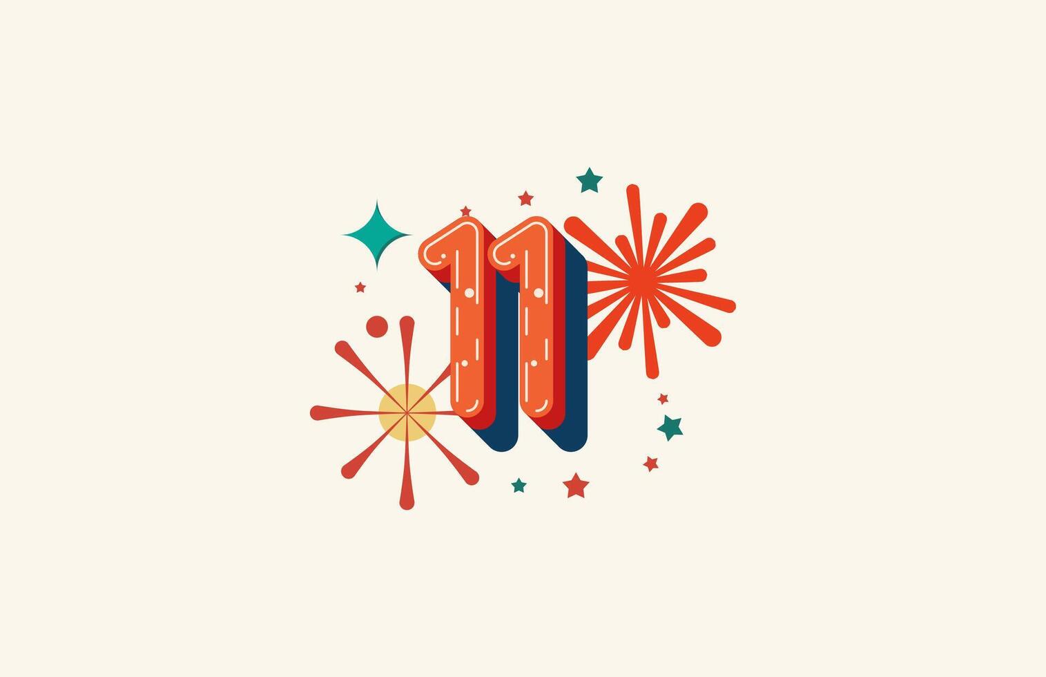 Logo Number Colorful 11th, 11th Happy Birthday or Anniversary with fireworks concept. Happiness and funny design concept. vector