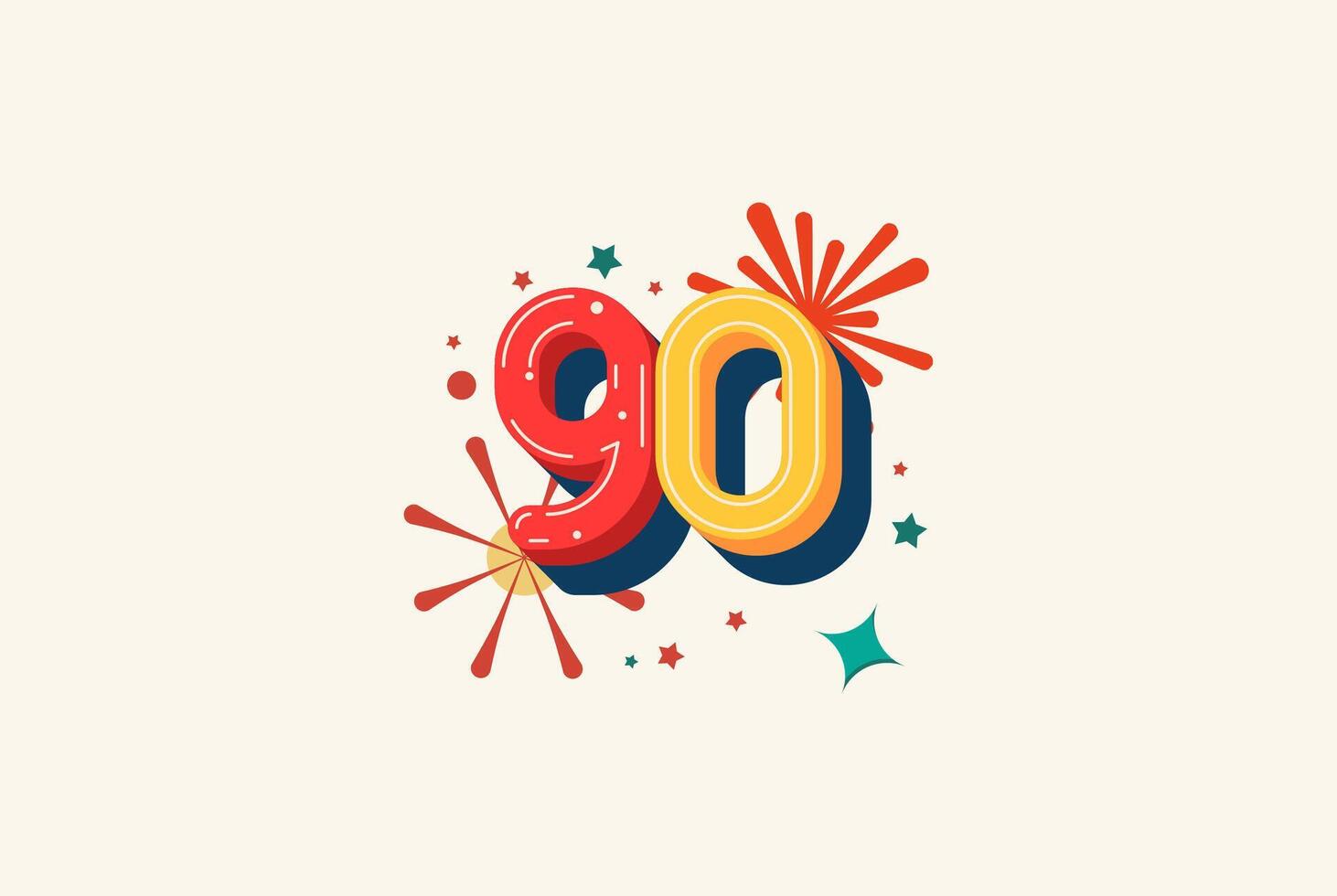 Logo Number Colorful 90th, 90th Happy Birthday or Anniversary with fireworks concept. Happiness and funny design concept. vector