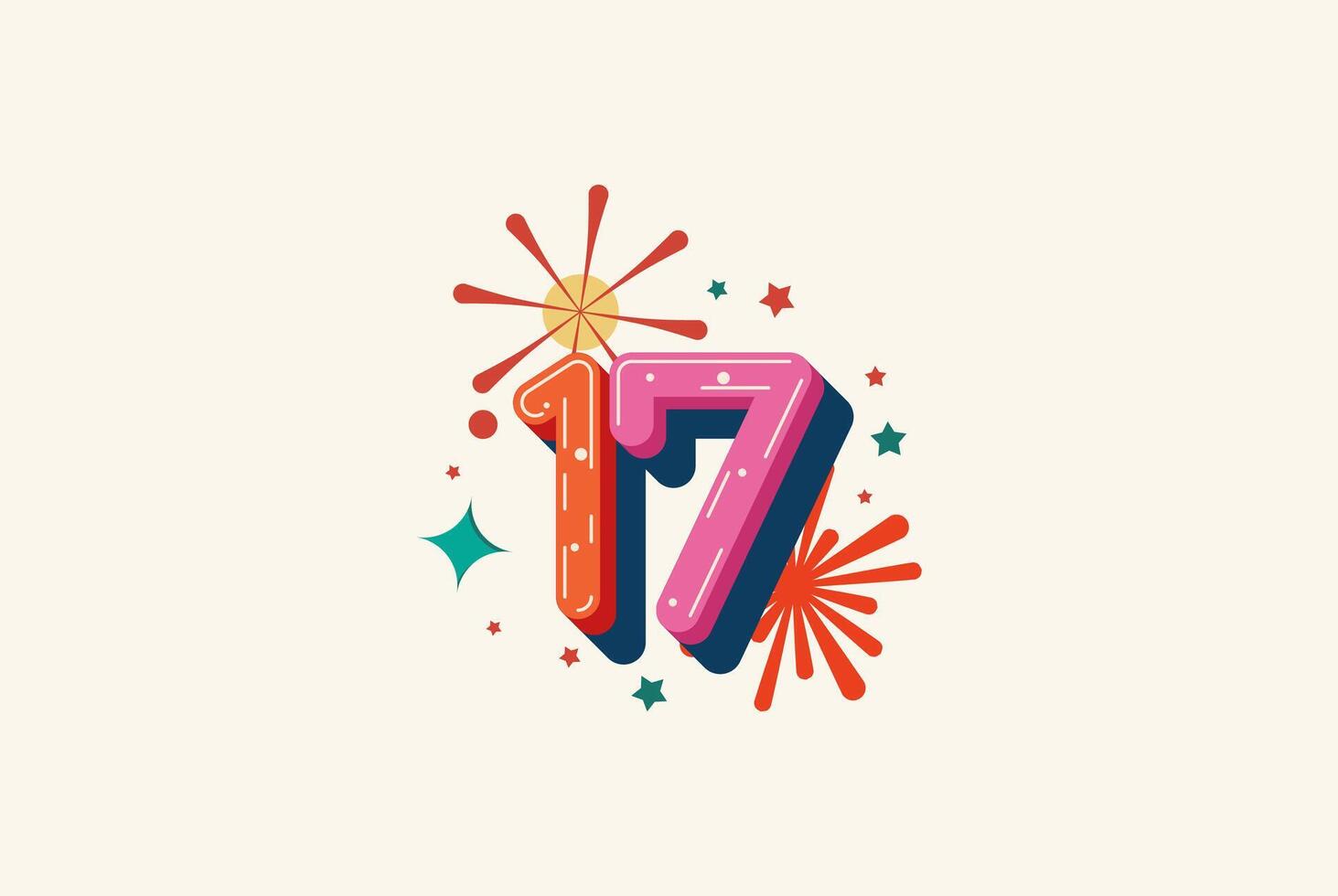 Logo Number Colorful 17th, 17th Happy Birthday or Anniversary with fireworks concept. Happiness and funny design concept. vector