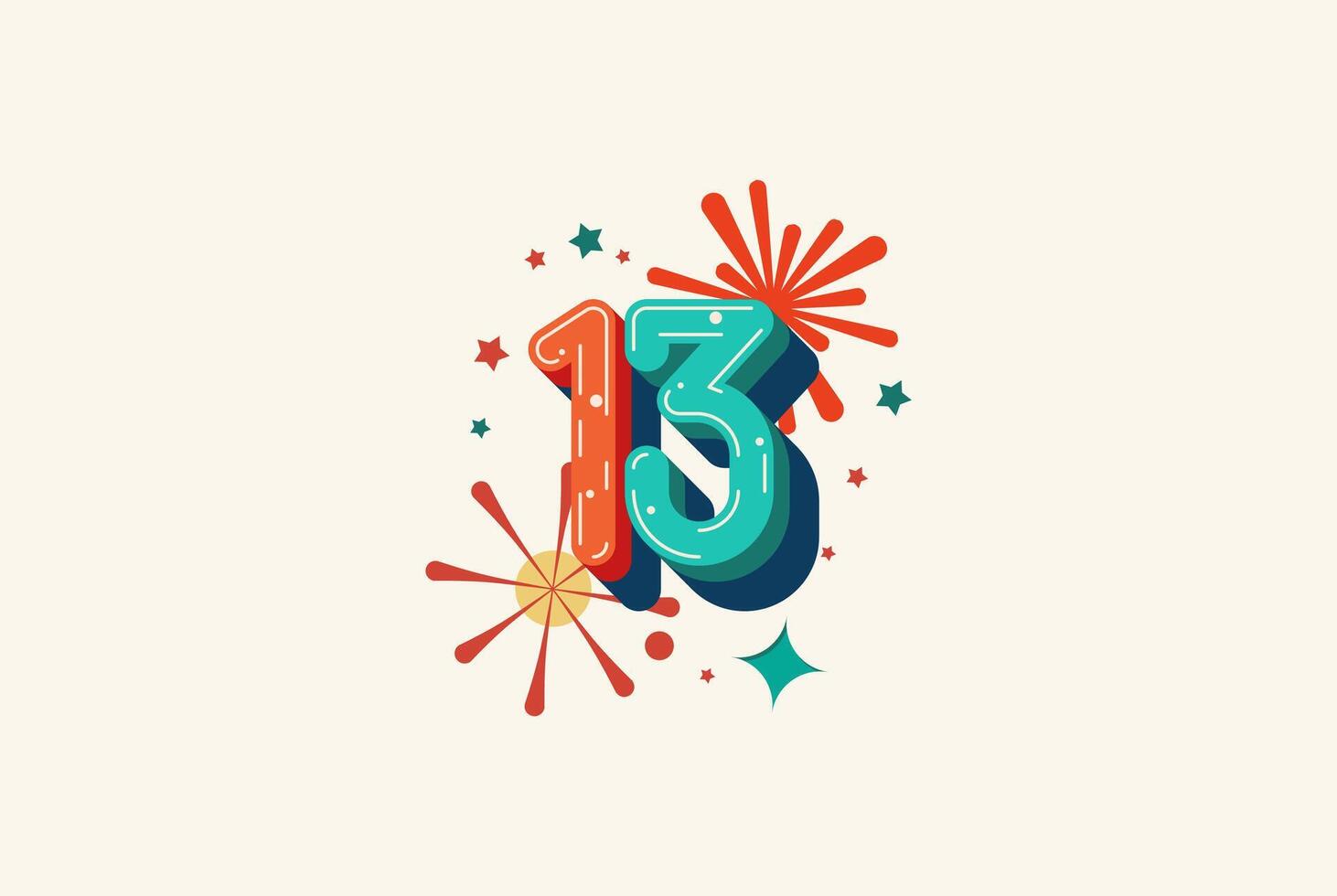 Logo Number Colorful 13th, 13th Happy Birthday or Anniversary with fireworks concept. Happiness and funny design concept. vector