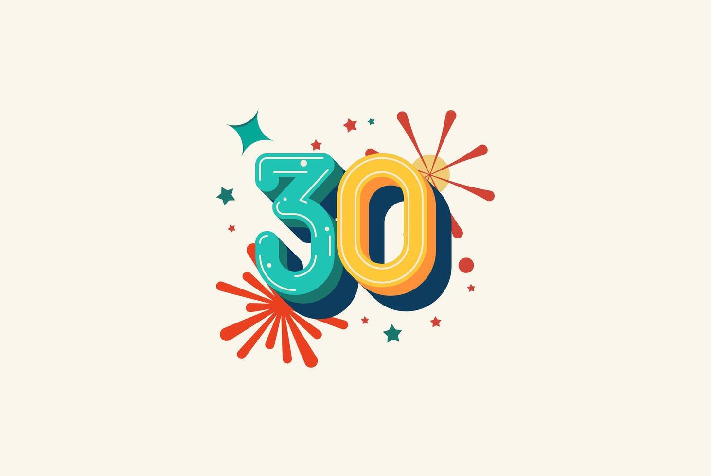 Logo Number Colorful 30th, 30th Happy Birthday or Anniversary with fireworks concept. Happiness and funny design concept. vector