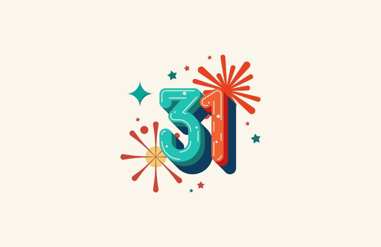 Logo Number Colorful 31th, 31th Happy Birthday or Anniversary with fireworks concept. Happiness and funny design concept. vector