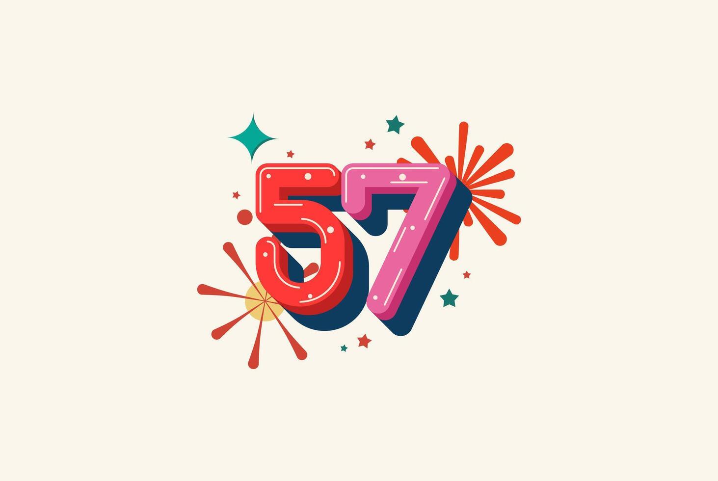 Logo Number Colorful 57th, 57th Happy Birthday or Anniversary with fireworks concept. Happiness and funny design concept. vector