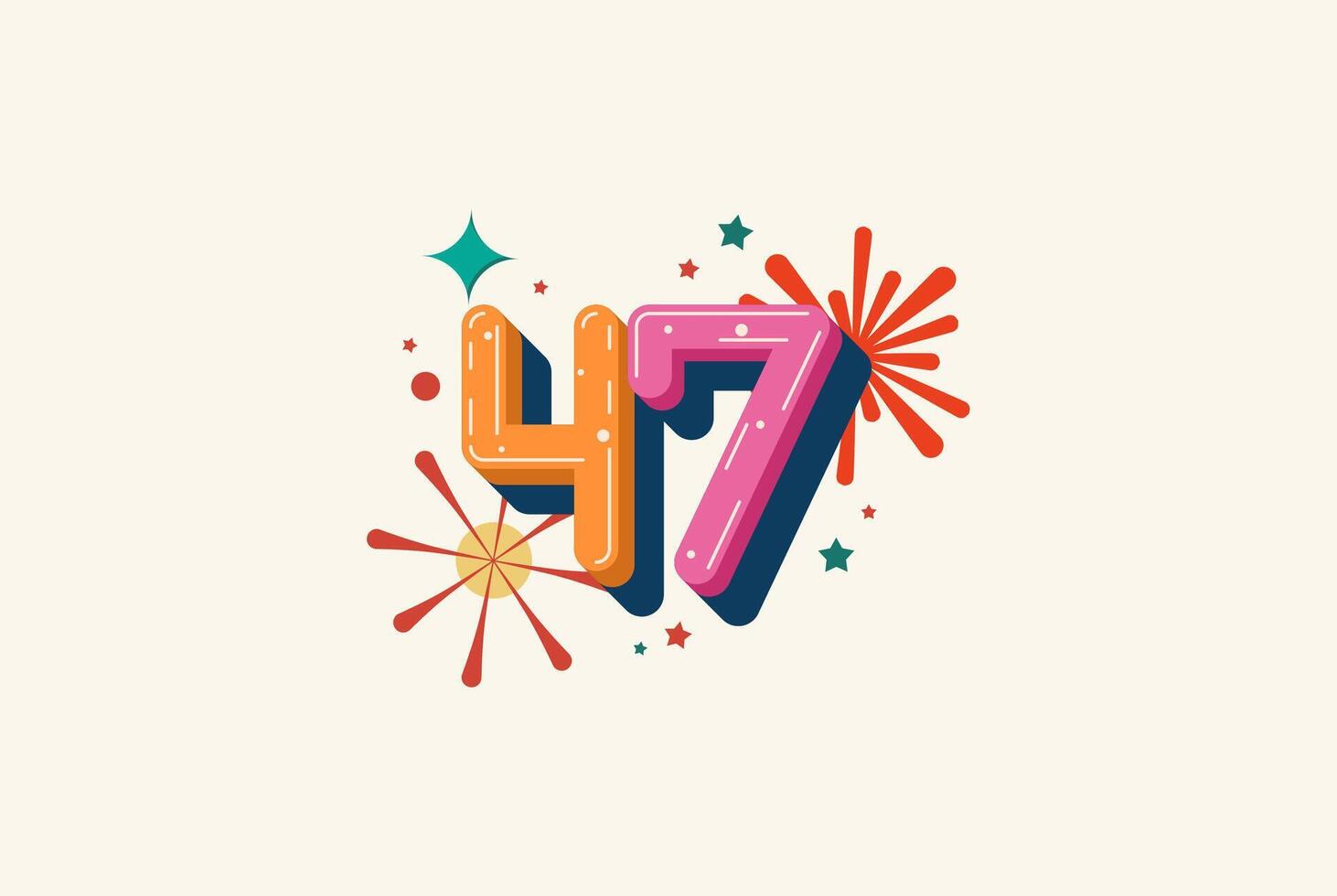 Logo Number Colorful 47th, 47th Happy Birthday or Anniversary with fireworks concept. Happiness and funny design concept. vector