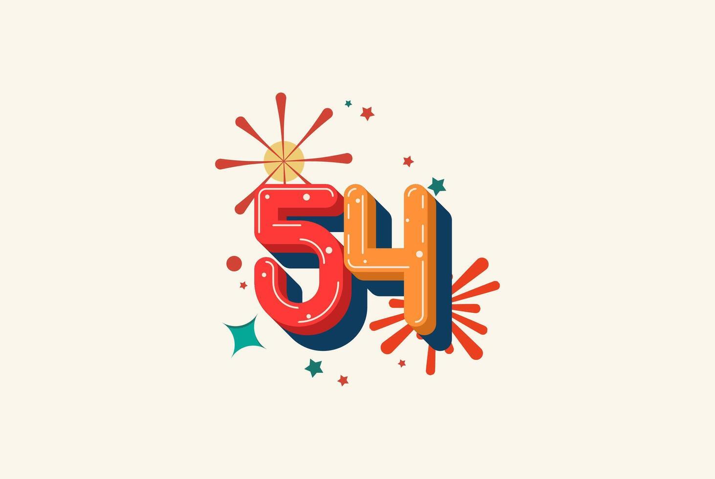 Logo Number Colorful 54th, 54th Happy Birthday or Anniversary with fireworks concept. Happiness and funny design concept. vector