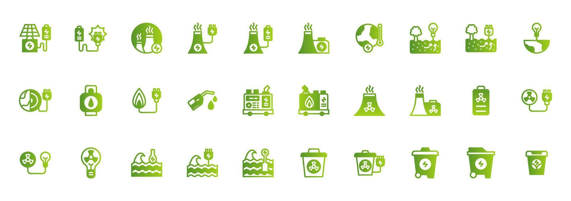Icon set Renewable energy and power with solar energy, nuclear reactor power station, power plant industry, wave energy, geothermal energy and portable electric generator. Gradient color concept icon. vector