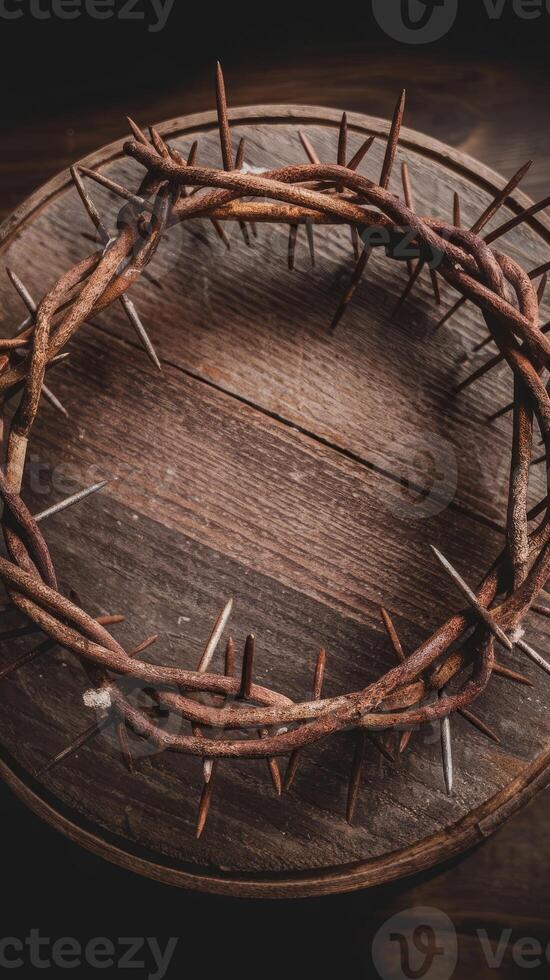 A crown of thorns on a wooden table photo