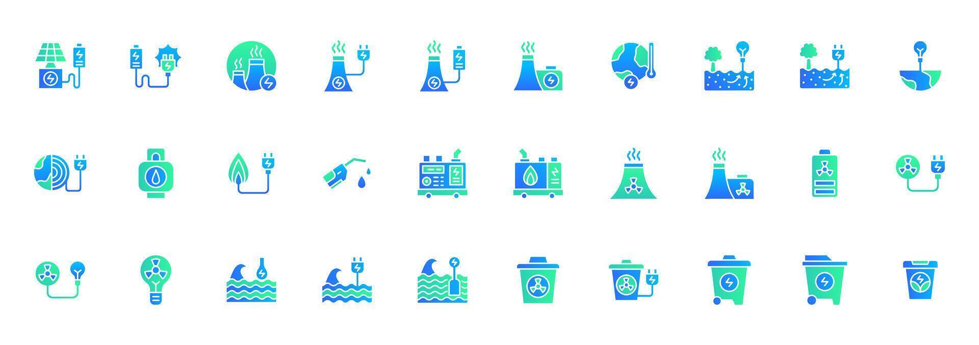 Icon set Renewable energy and power with solar energy, nuclear reactor power station, power plant industry, wave energy, geothermal energy and portable electric generator. Fill gradient concept icon. vector