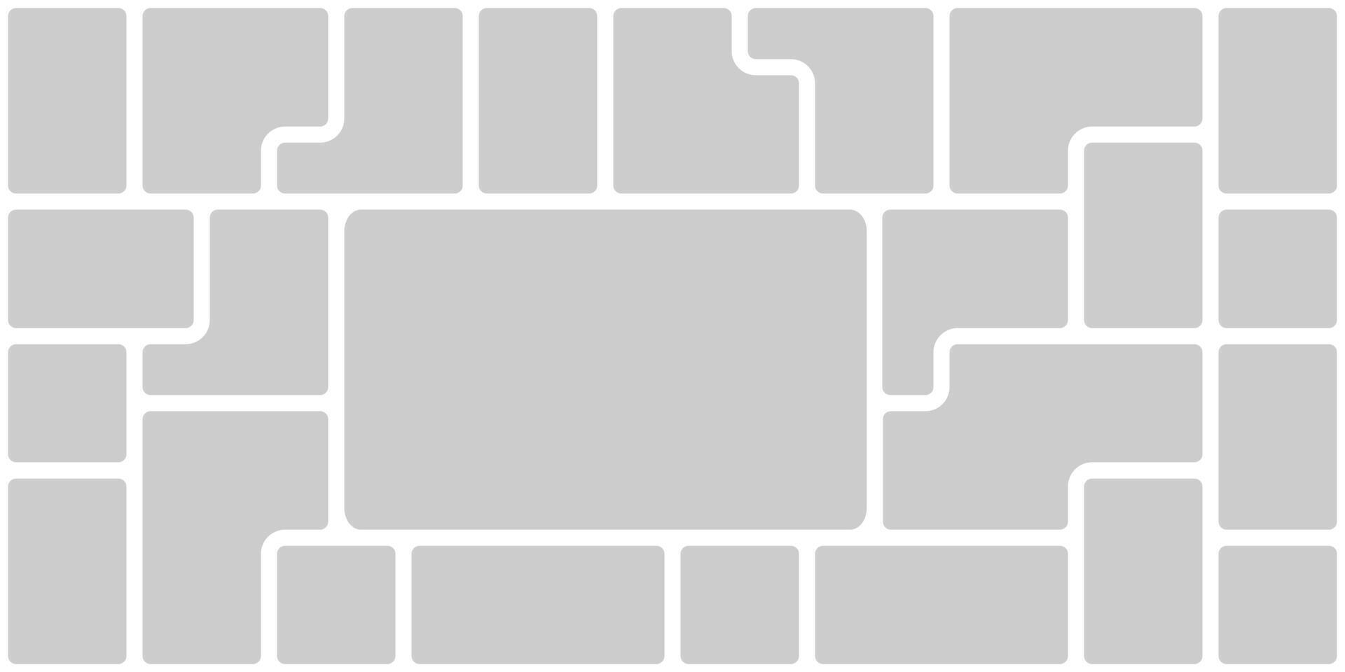 Image grid layout sticker background design. Photo bento rectangular square image montage. Curve picture gallery mobile sticker. Modular visual web app showcase. Game mosaic framework desktop template vector