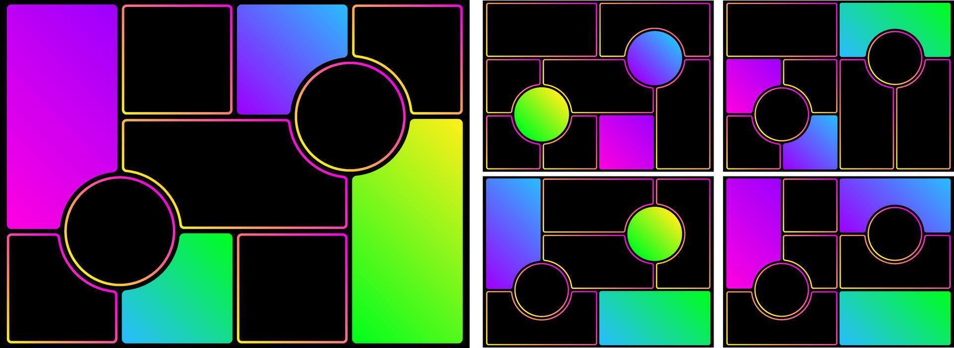 Brutalist background bento box grid. Photo post template layout. Presentation slide moodboard design. Brochure collage rectangular style gallery. Round shape modular mosaic hierarchy. Comic poster y2k vector