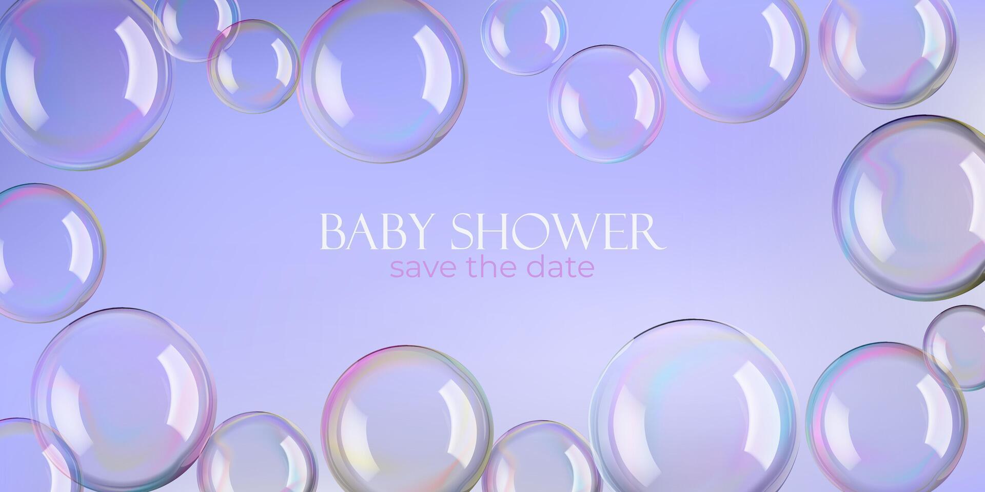 Soap bubbles in purple water, 3d background. White reflections on big spheres and pink circles blown by wand. Rainbow iridescent round shaped ball. Glass mirror foam flare in air vector