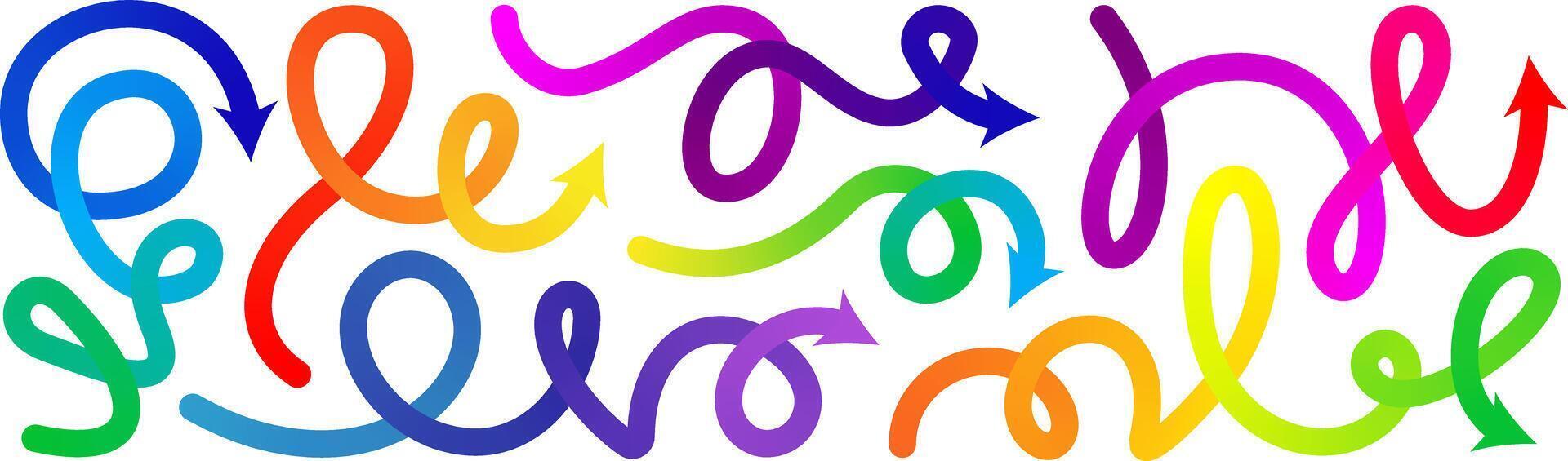 Gradient line arrow set. Curved shape doodle icon element, gradation squiggly brush bg. Up and down direction scribble stroke carnival pattern. Change plan graphic sign, color circle curly bold vector