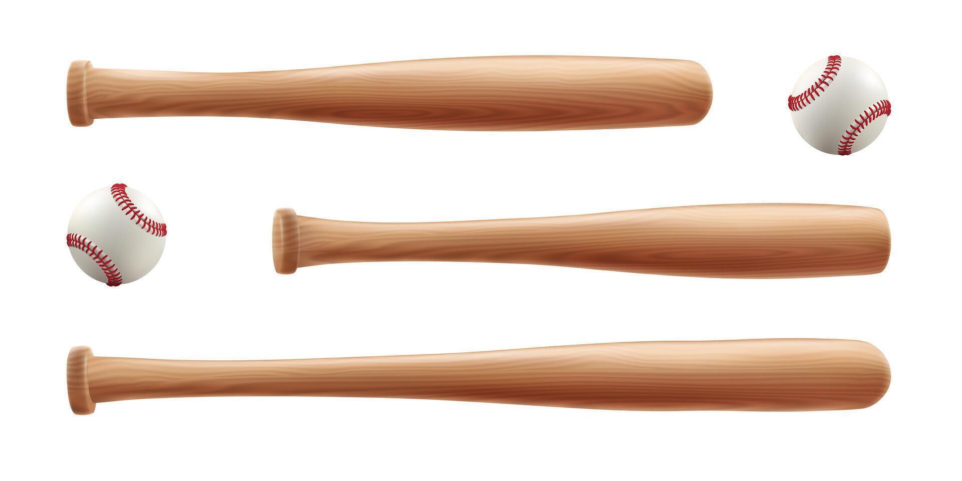 Basebal wooden bat and leather glove. 3d ball with line of red lace stiches. Vintage sport game mockup. Wood stick tool, pitcher white softball realistic seams. Brown mitt major team emblem vector