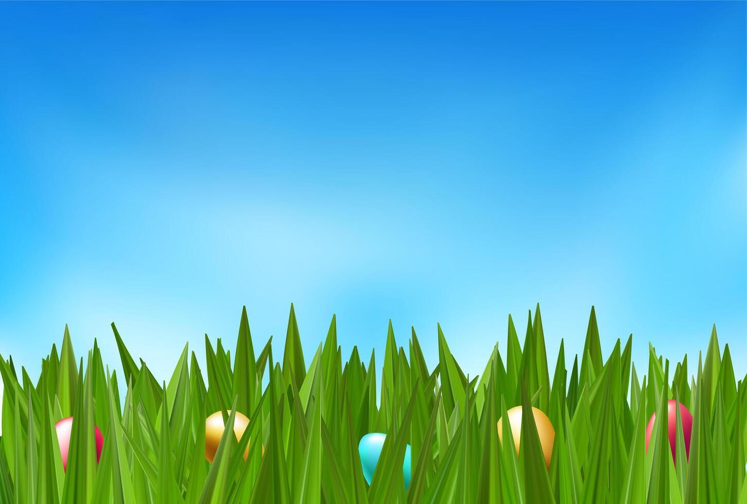 Golden Easter egg basket in green grass field podium. Ester background spring 3d render. Chocolate hunt happy meadow decoration banner. Weekend sky card design. Sunny day garden gift concept vector