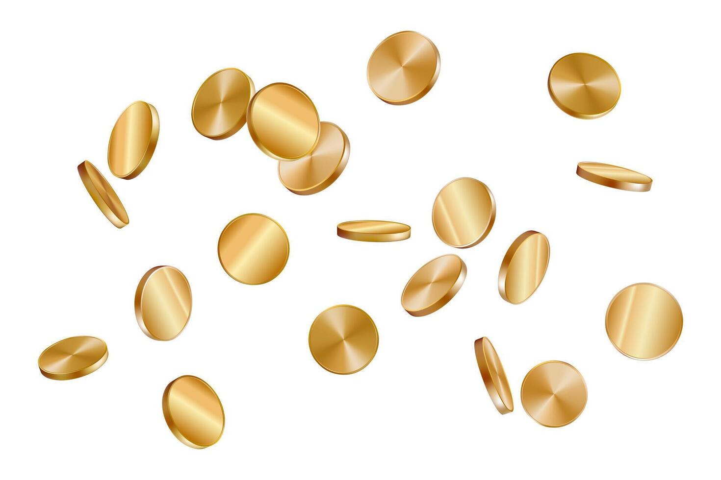 3d coin gold flow, fall or levitate spinning in air. Golden dollar currency fly, rotate, drop as rain side view. Top money for insurance, casino gamble, slot game prize. Cash treasure realistic render vector