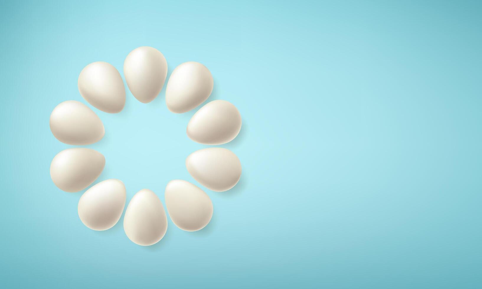 Blank white egg render, blue color carton background. Happy Easter hen chicken, duck cook package, 3d food . Yolk bead, pure shell, farm protein concept. Round layout, organic breakfast. vector