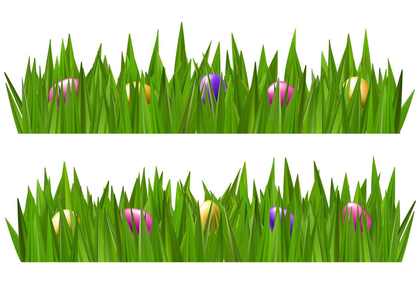 Colored chocolate eggs in green grass. Easter field with chocolates hunt. Spring meadow happy child holiday. 3d banner border. Garden outdoors greeting, cute event gift concept. Blue cloudy sky vector