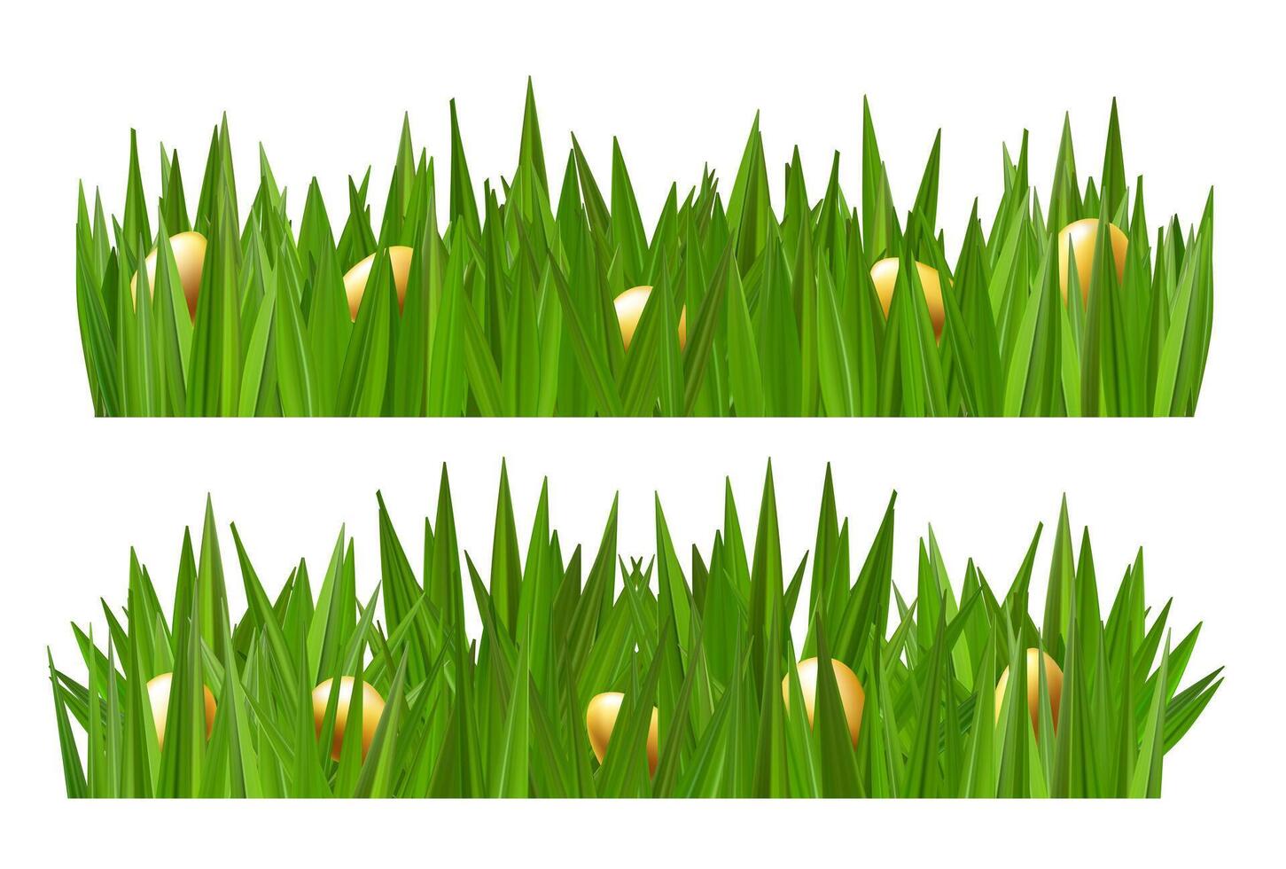 Easter egg hunt in spring grass field background. Gold colored chocolate candy gathered to basket. 3d render banner for poduim border. Meadow cartoon bright decoration card, cute bunny gifts vector