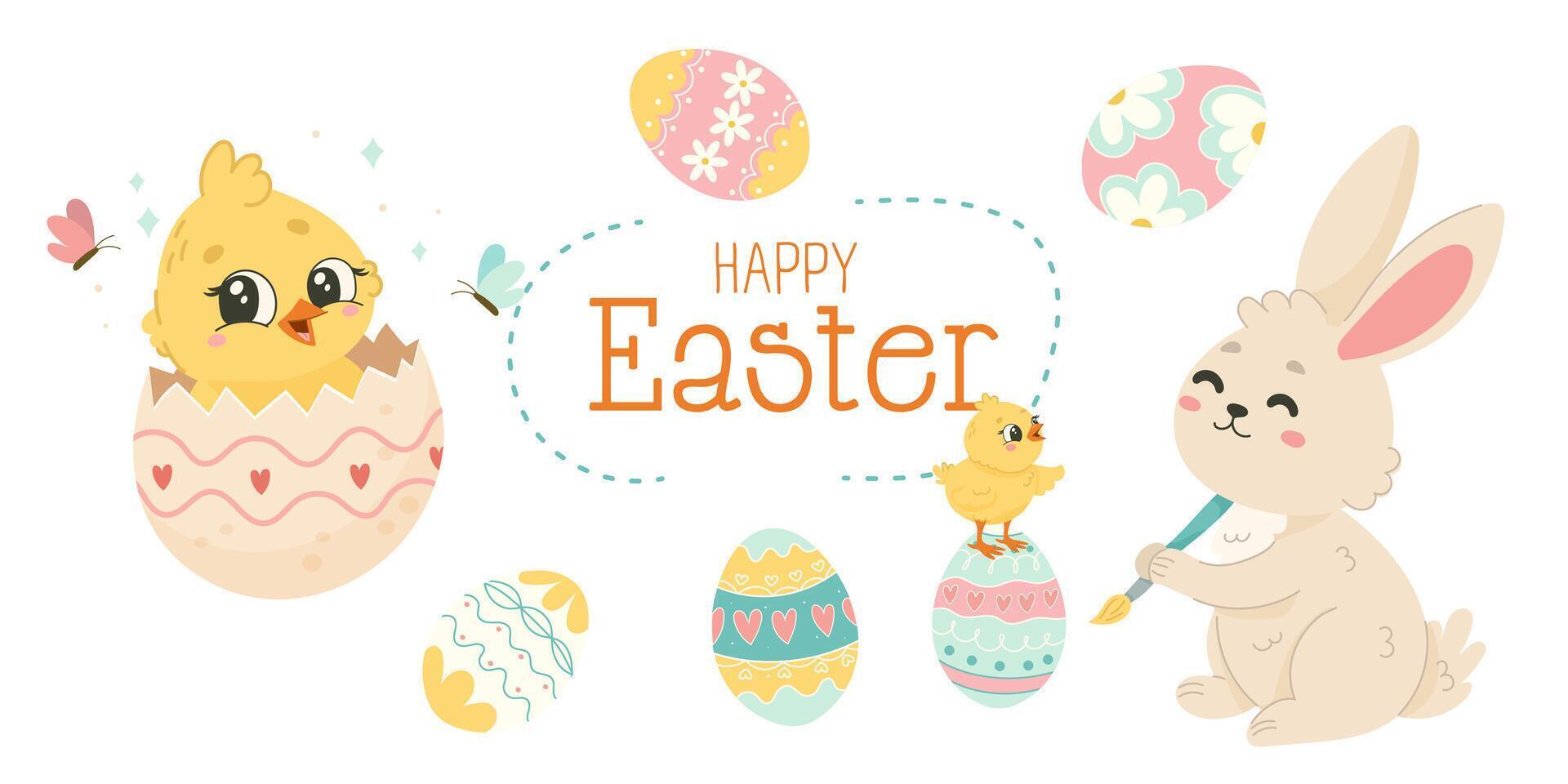 Cute Easter Bunny and Chick with Painted Eggs vector