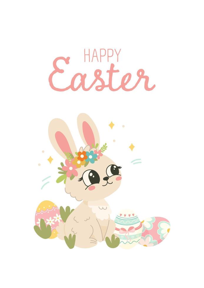 Cute Easter Bunny with Flower Crown and Eggs vector