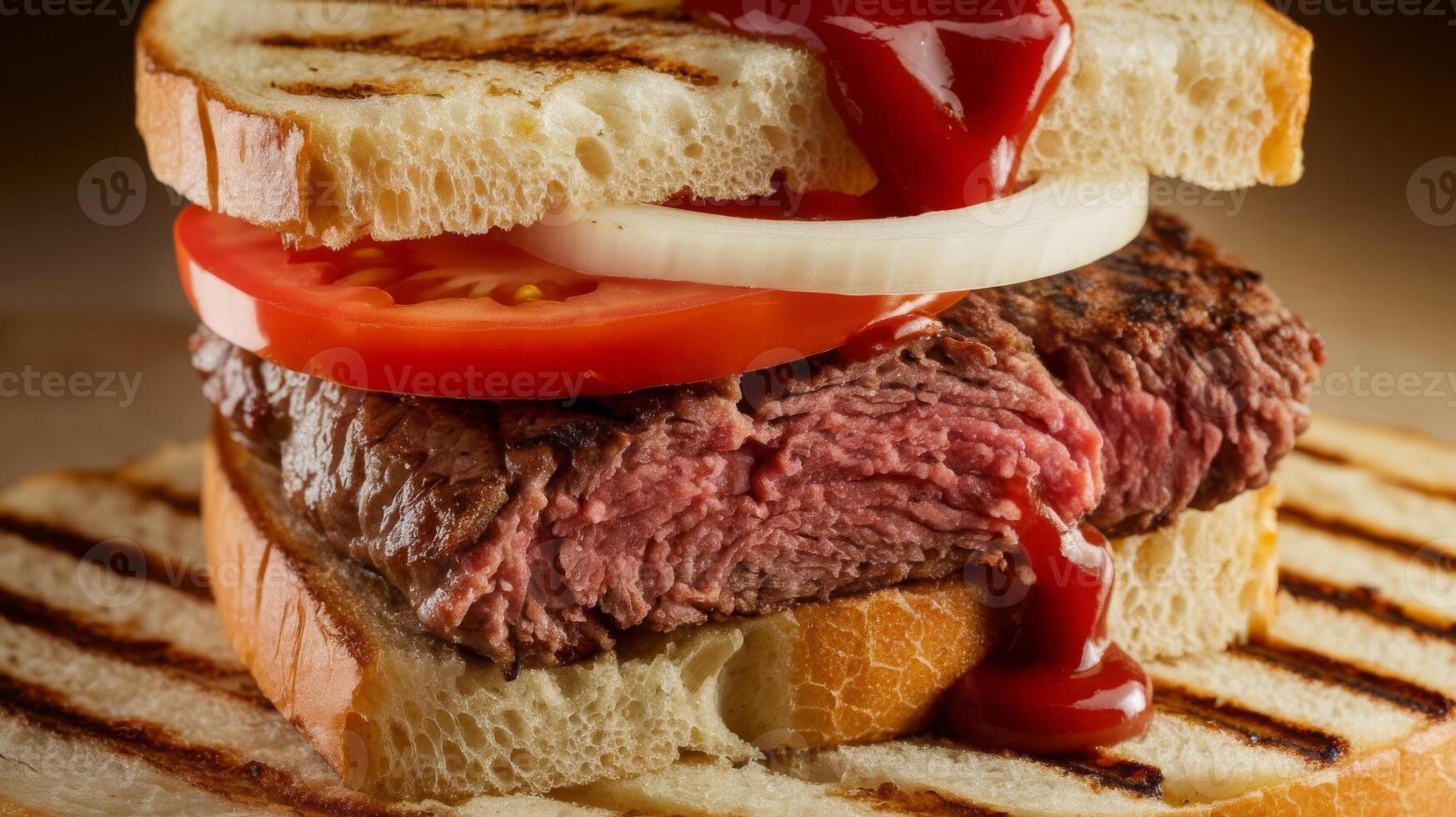 A steak sandwich with ketchup and tomato photo