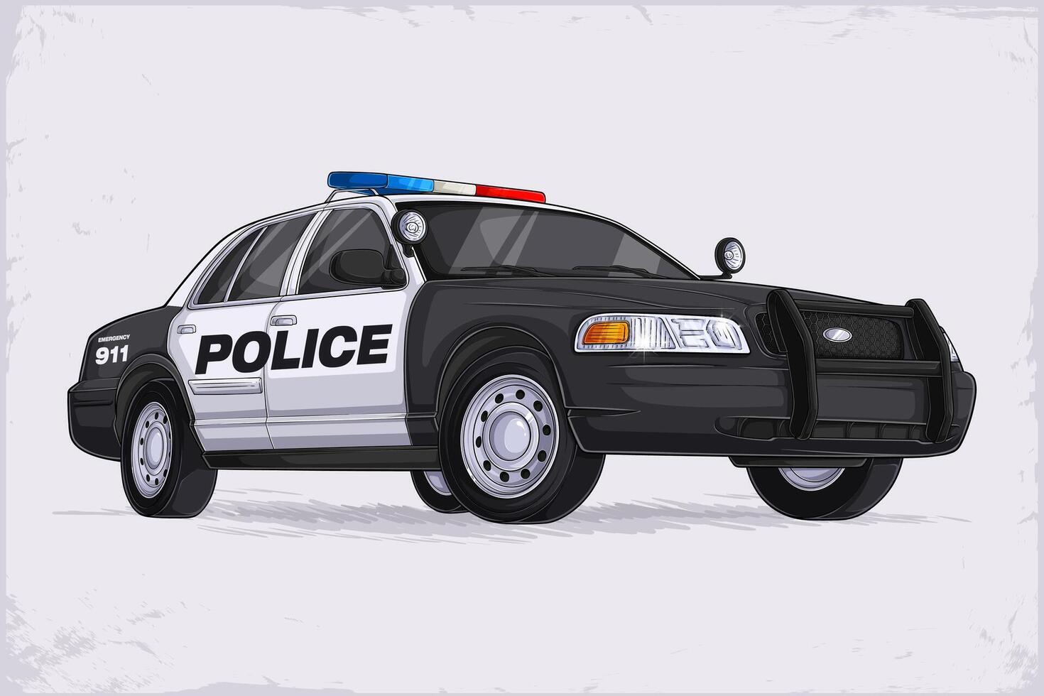 Hand drawn American police officers patrol car, cop vehicle with red and blue emergency flashers and siren isolated on white background vector