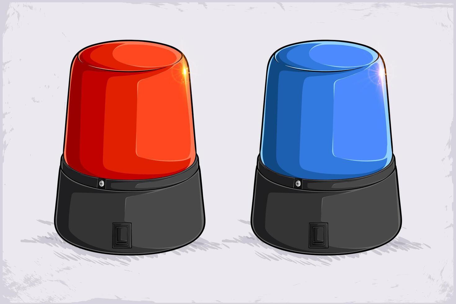 Hand drawn glowing police red and blue sirens, set of police flashers alert for chasing thieves and emergencies vector