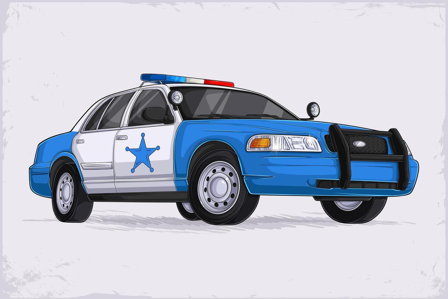 Hand drawn American blue and white sheriff patrol car with flashers and siren, police vehicle isolated on white background vector