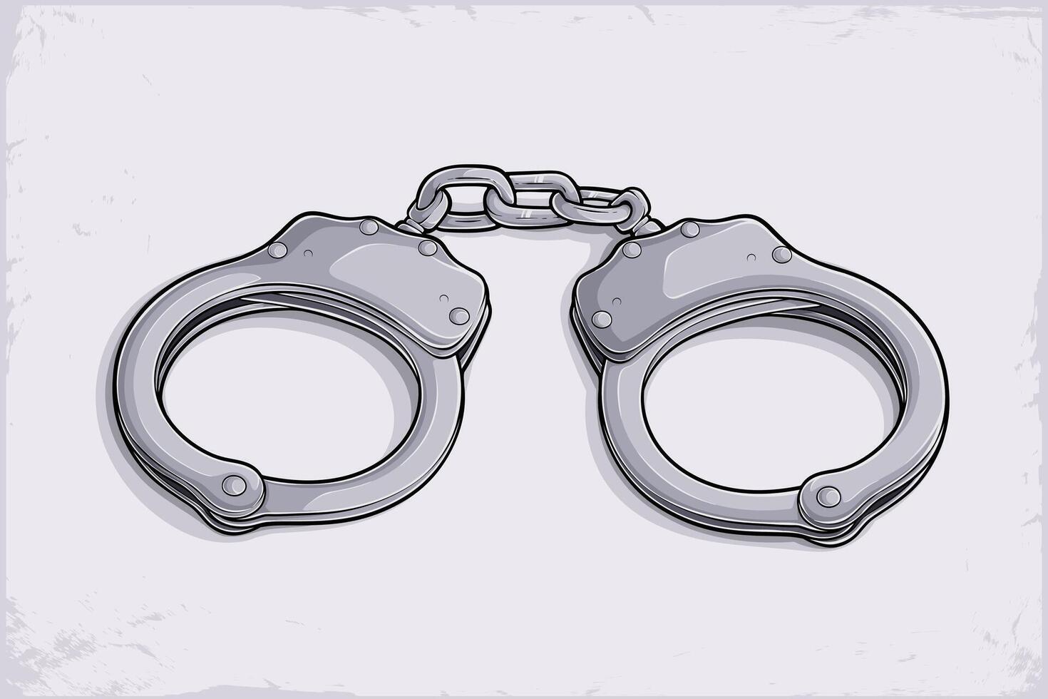 Hand drawn metallic handcuffs, metal fastening cuffs connected by a chain for security and society justice vector