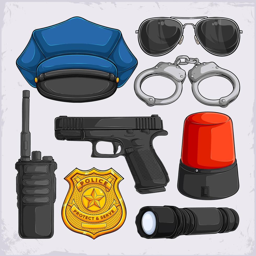 Hand drawn colorful pack of police professional equipment for pursue and capture a criminal. Police accessories, tools. vector